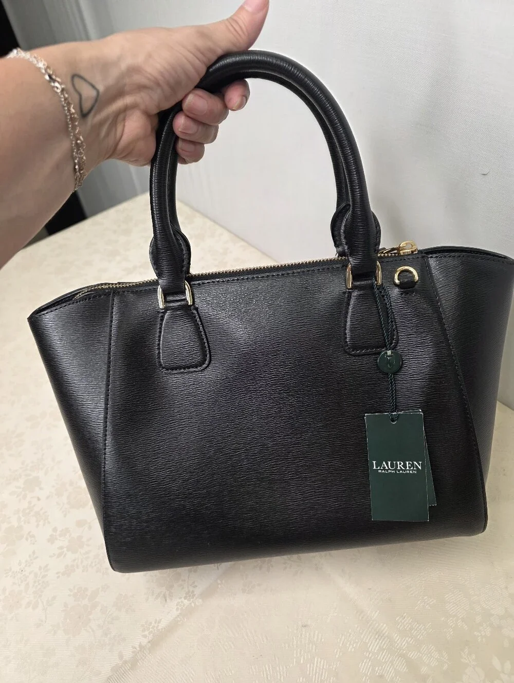 NWT Lauren Ralph Lauren Stefanie II Leather Satchel Bag Black Gold RLL Tote
